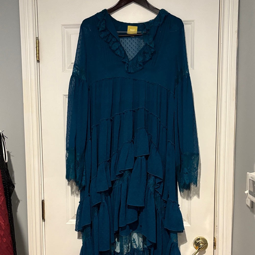 Maeve Teal High Low Dress with Ruffle Details